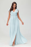 Cap Sleeves Chiffon Formal Evening Dress Floor Length Pleated Bridesmaid Dresses Gowns