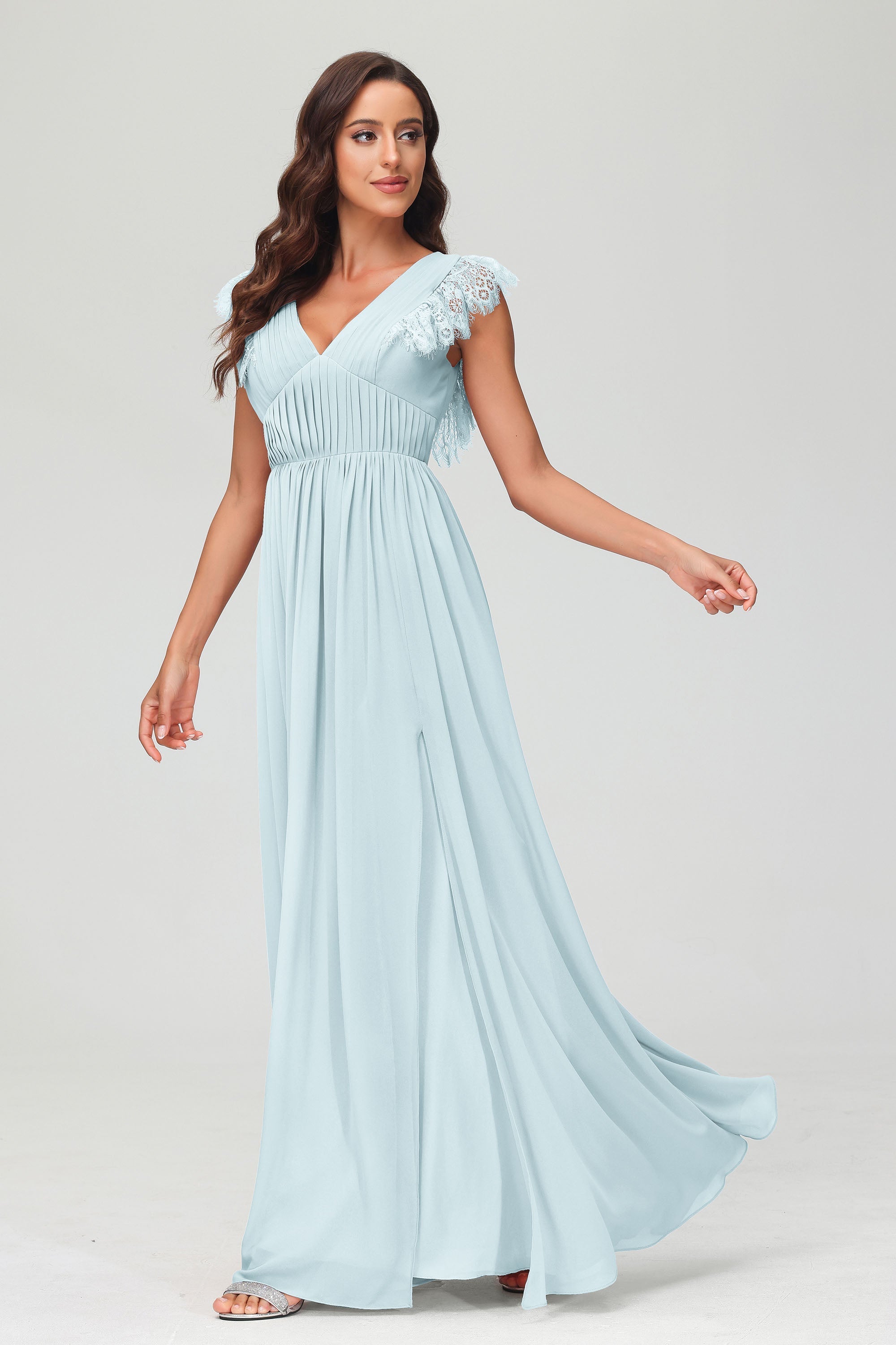 Cap Sleeves Chiffon Formal Evening Dress Floor Length Pleated Bridesmaid Dresses Gowns