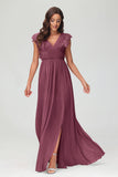 Cap Sleeves Chiffon Formal Evening Dress Floor Length Pleated Bridesmaid Dresses Gowns