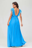 Cap Sleeves Chiffon Formal Evening Dress Floor Length Pleated Bridesmaid Dresses Gowns