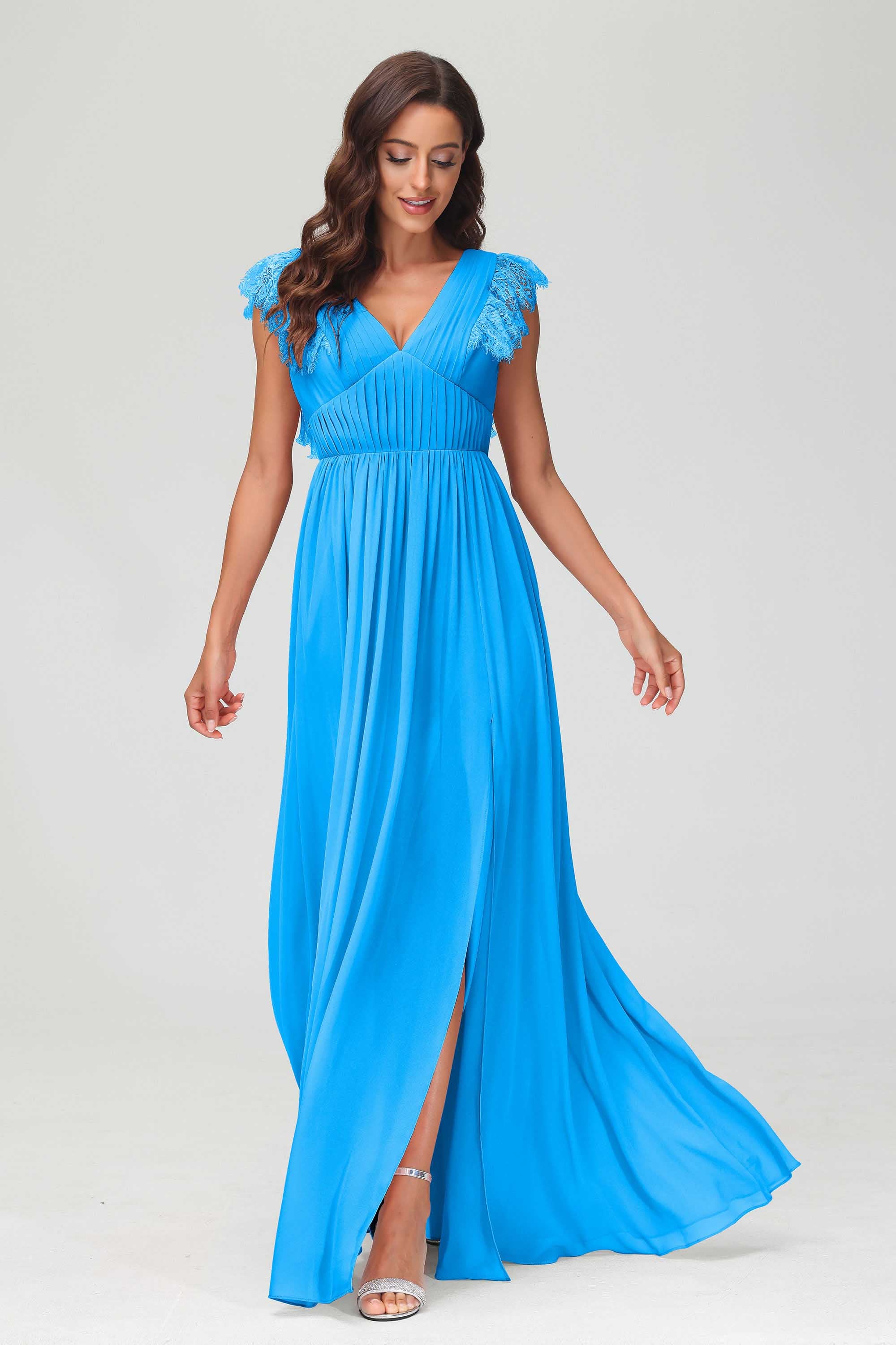 Cap Sleeves Chiffon Formal Evening Dress Floor Length Pleated Bridesmaid Dresses Gowns