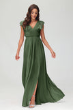 Cap Sleeves Chiffon Formal Evening Dress Floor Length Pleated Bridesmaid Dresses Gowns