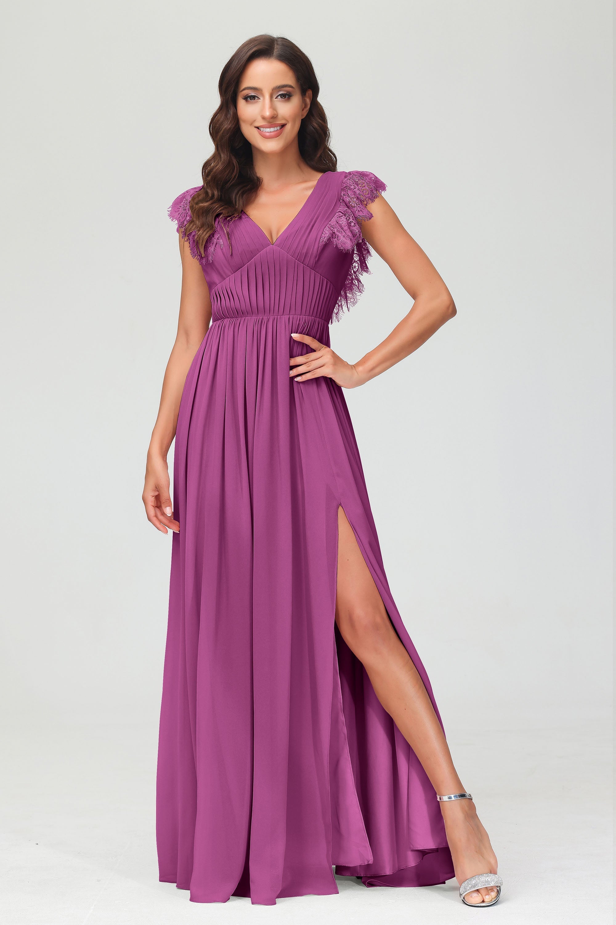 Cap Sleeves Chiffon Formal Evening Dress Floor Length Pleated Bridesmaid Dresses Gowns