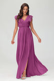 Cap Sleeves Chiffon Formal Evening Dress Floor Length Pleated Bridesmaid Dresses Gowns