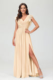 Cap Sleeves Chiffon Formal Evening Dress Floor Length Pleated Bridesmaid Dresses Gowns