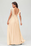 Cap Sleeves Chiffon Formal Evening Dress Floor Length Pleated Bridesmaid Dresses Gowns