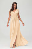 Cap Sleeves Chiffon Formal Evening Dress Floor Length Pleated Bridesmaid Dresses Gowns