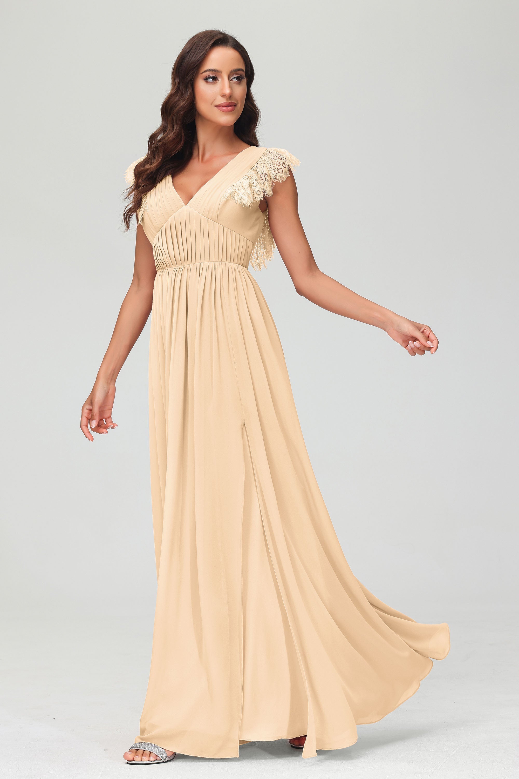 Cap Sleeves Chiffon Formal Evening Dress Floor Length Pleated Bridesmaid Dresses Gowns