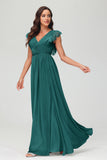 Cap Sleeves Chiffon Formal Evening Dress Floor Length Pleated Bridesmaid Dresses Gowns