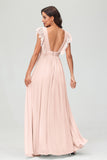Cap Sleeves Chiffon Formal Evening Dress Floor Length Pleated Bridesmaid Dresses Gowns