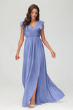 Cap Sleeves Chiffon Formal Evening Dress Floor Length Pleated Bridesmaid Dresses Gowns