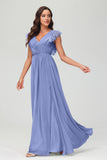 Cap Sleeves Chiffon Formal Evening Dress Floor Length Pleated Bridesmaid Dresses Gowns