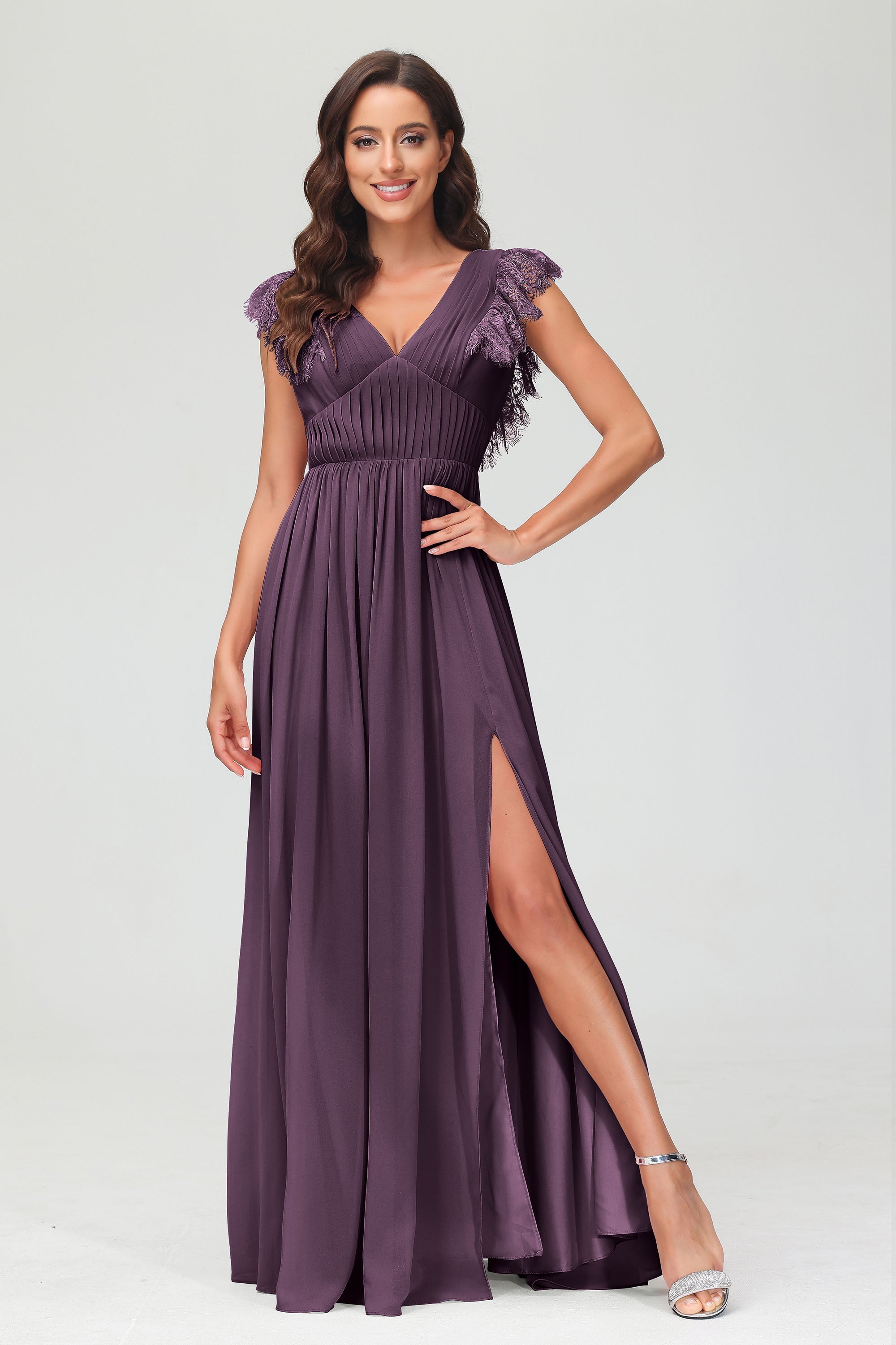 Cap Sleeves Chiffon Formal Evening Dress Floor Length Pleated Bridesmaid Dresses Gowns