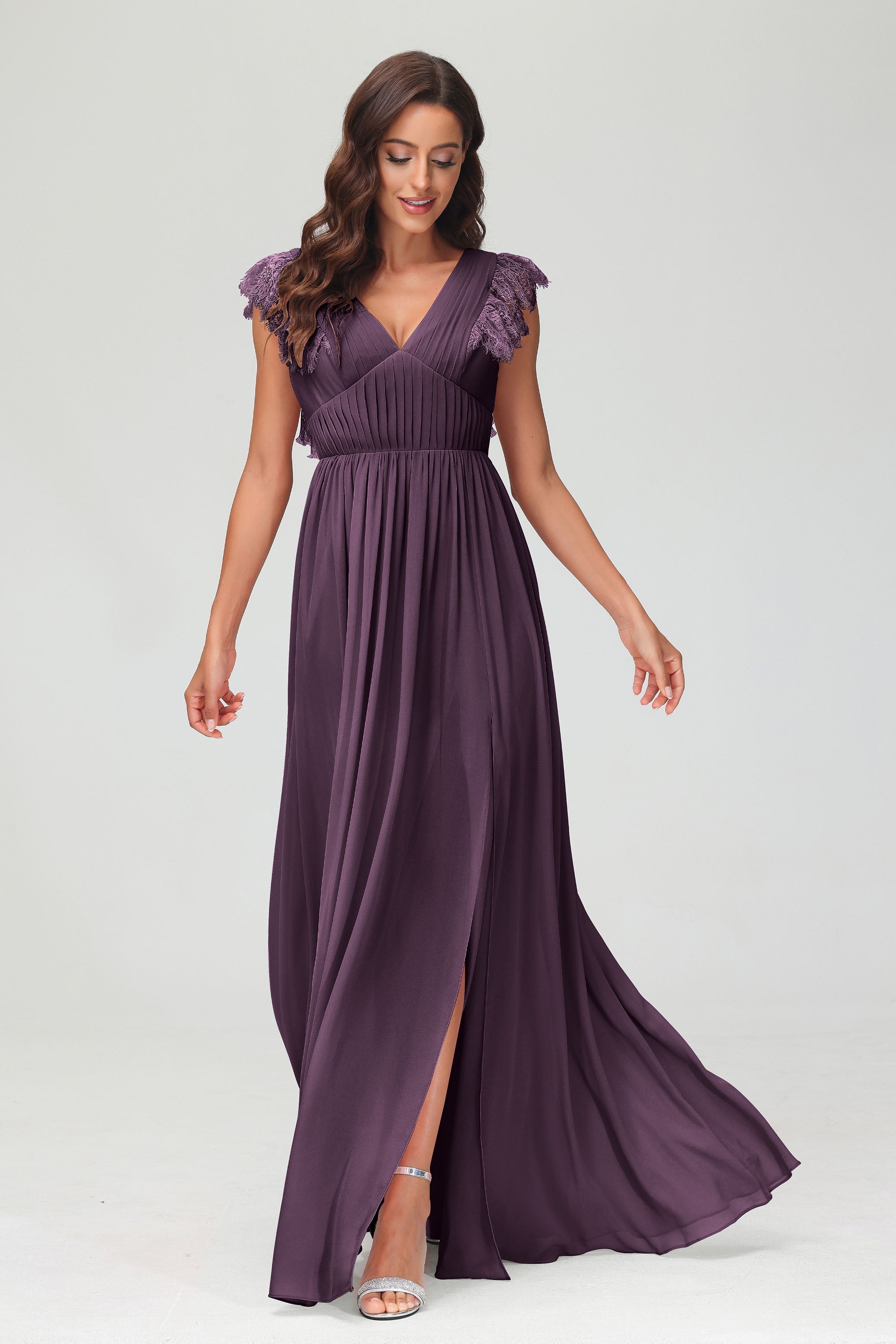 Cap Sleeves Chiffon Formal Evening Dress Floor Length Pleated Bridesmaid Dresses Gowns