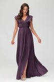 Cap Sleeves Chiffon Formal Evening Dress Floor Length Pleated Bridesmaid Dresses Gowns