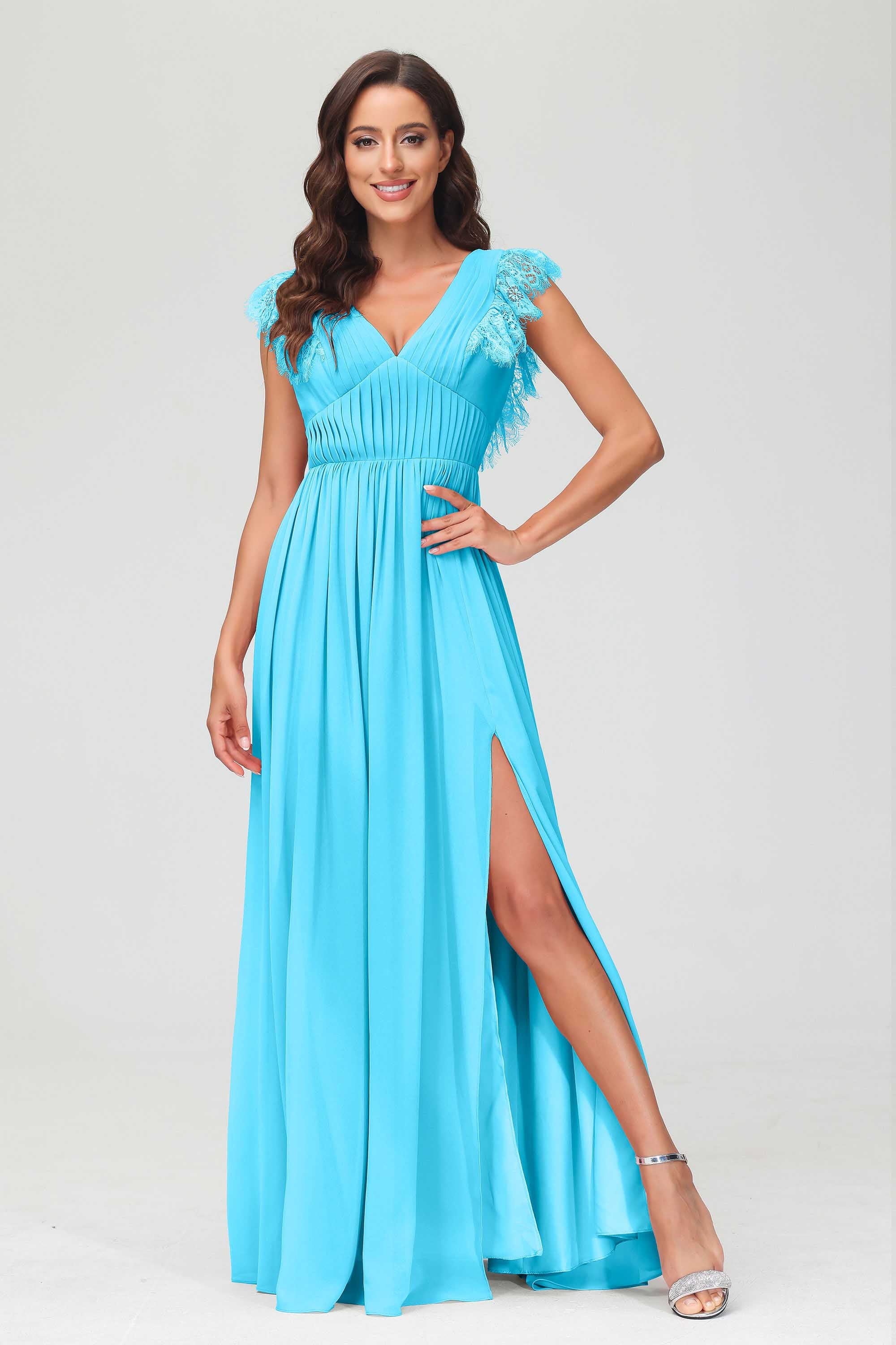 Cap Sleeves Chiffon Formal Evening Dress Floor Length Pleated Bridesmaid Dresses Gowns