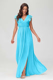 Cap Sleeves Chiffon Formal Evening Dress Floor Length Pleated Bridesmaid Dresses Gowns
