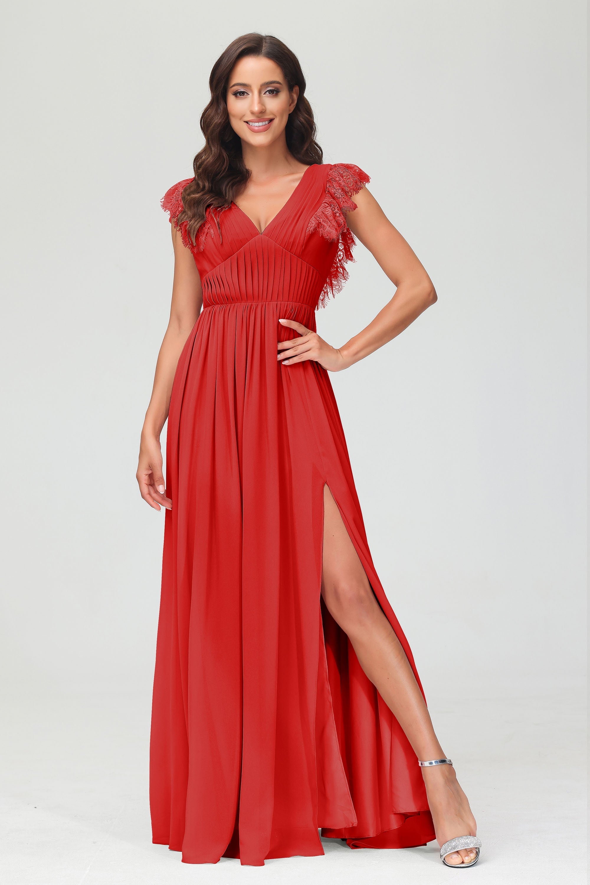 Cap Sleeves Chiffon Formal Evening Dress Floor Length Pleated Bridesmaid Dresses Gowns