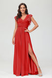 Cap Sleeves Chiffon Formal Evening Dress Floor Length Pleated Bridesmaid Dresses Gowns