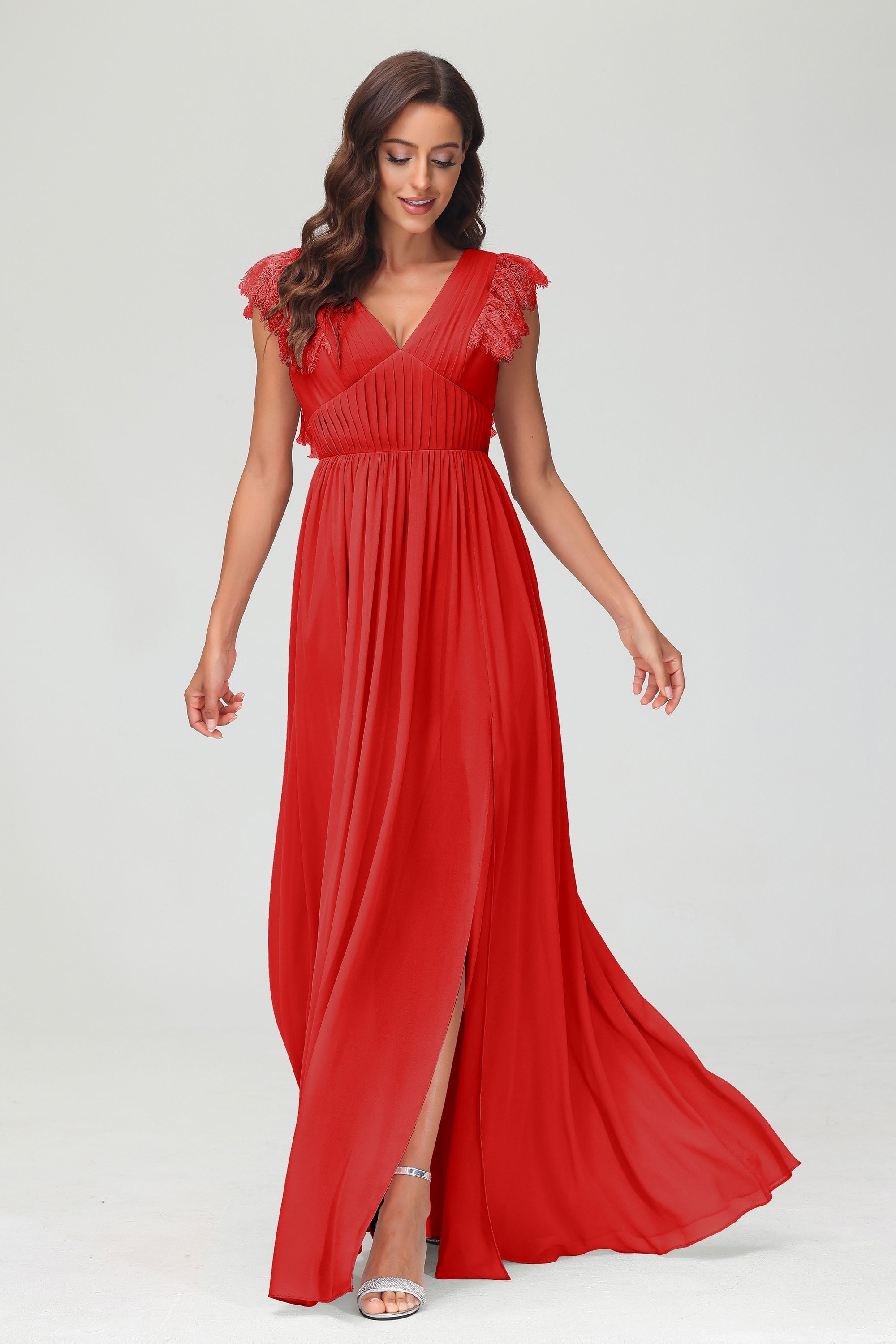 Cap Sleeves Chiffon Formal Evening Dress Floor Length Pleated Bridesmaid Dresses Gowns