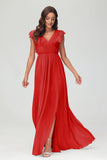 Cap Sleeves Chiffon Formal Evening Dress Floor Length Pleated Bridesmaid Dresses Gowns