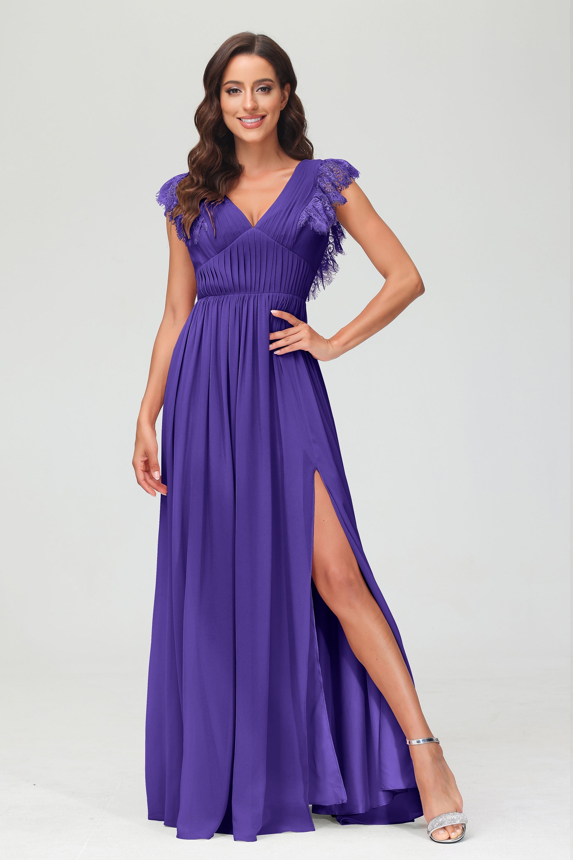 Cap Sleeves Chiffon Formal Evening Dress Floor Length Pleated Bridesmaid Dresses Gowns