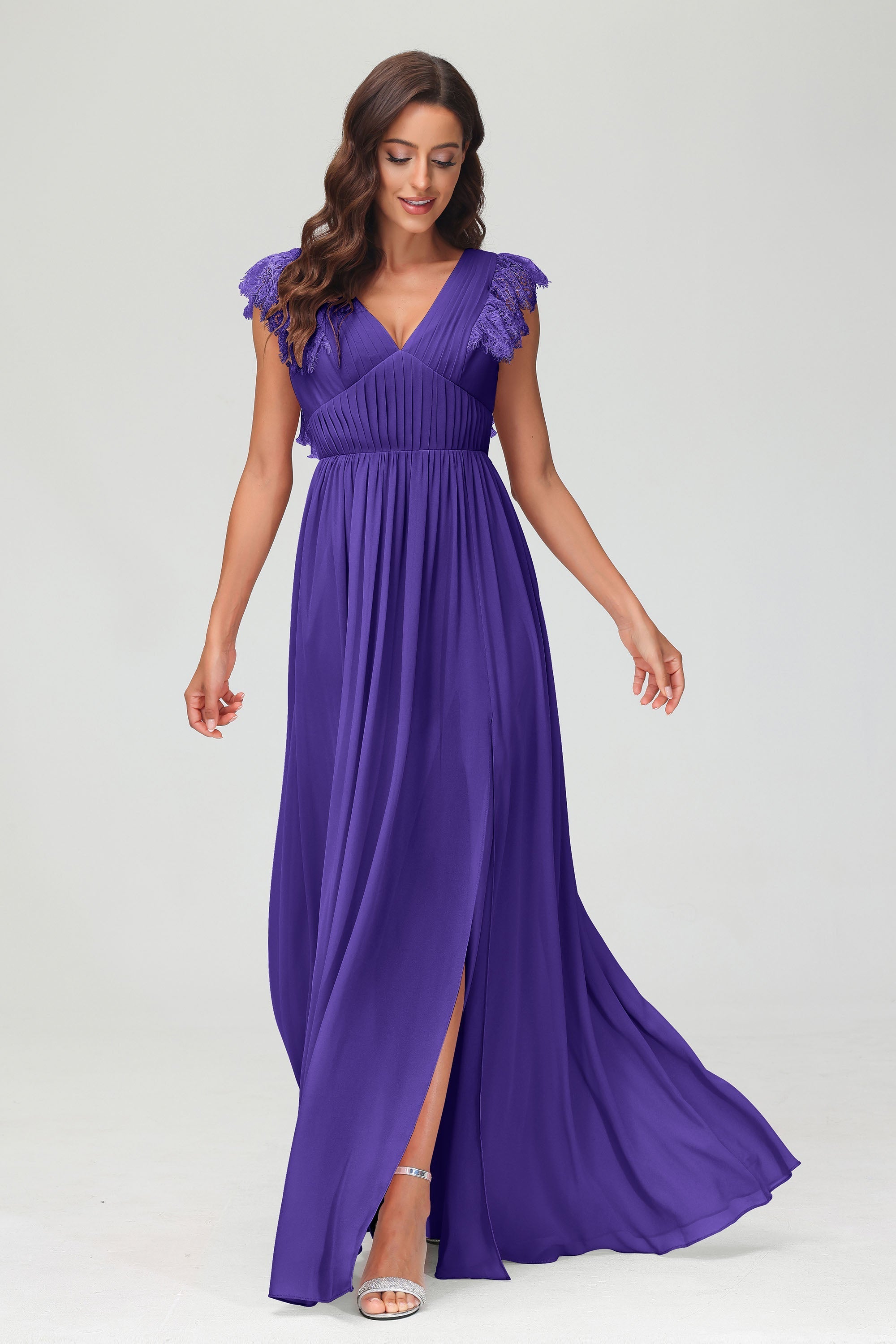 Cap Sleeves Chiffon Formal Evening Dress Floor Length Pleated Bridesmaid Dresses Gowns
