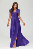 Cap Sleeves Chiffon Formal Evening Dress Floor Length Pleated Bridesmaid Dresses Gowns