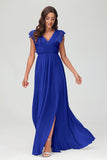 Cap Sleeves Chiffon Formal Evening Dress Floor Length Pleated Bridesmaid Dresses Gowns