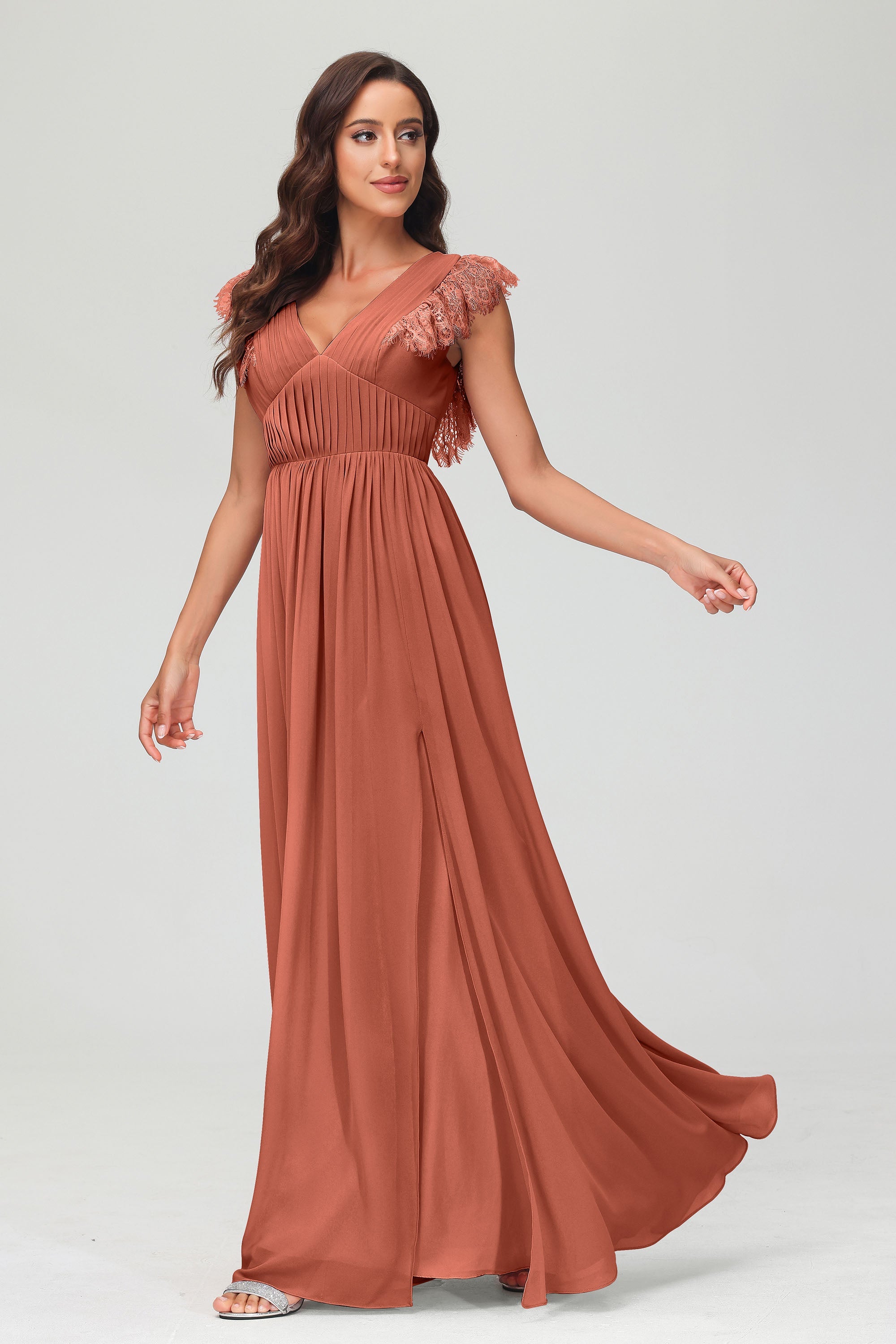 Cap Sleeves Chiffon Formal Evening Dress Floor Length Pleated Bridesmaid Dresses Gowns