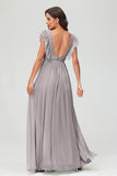 Cap Sleeves Chiffon Formal Evening Dress Floor Length Pleated Bridesmaid Dresses Gowns