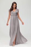 Cap Sleeves Chiffon Formal Evening Dress Floor Length Pleated Bridesmaid Dresses Gowns