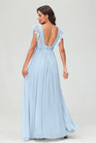 Cap Sleeves Chiffon Formal Evening Dress Floor Length Pleated Bridesmaid Dresses Gowns
