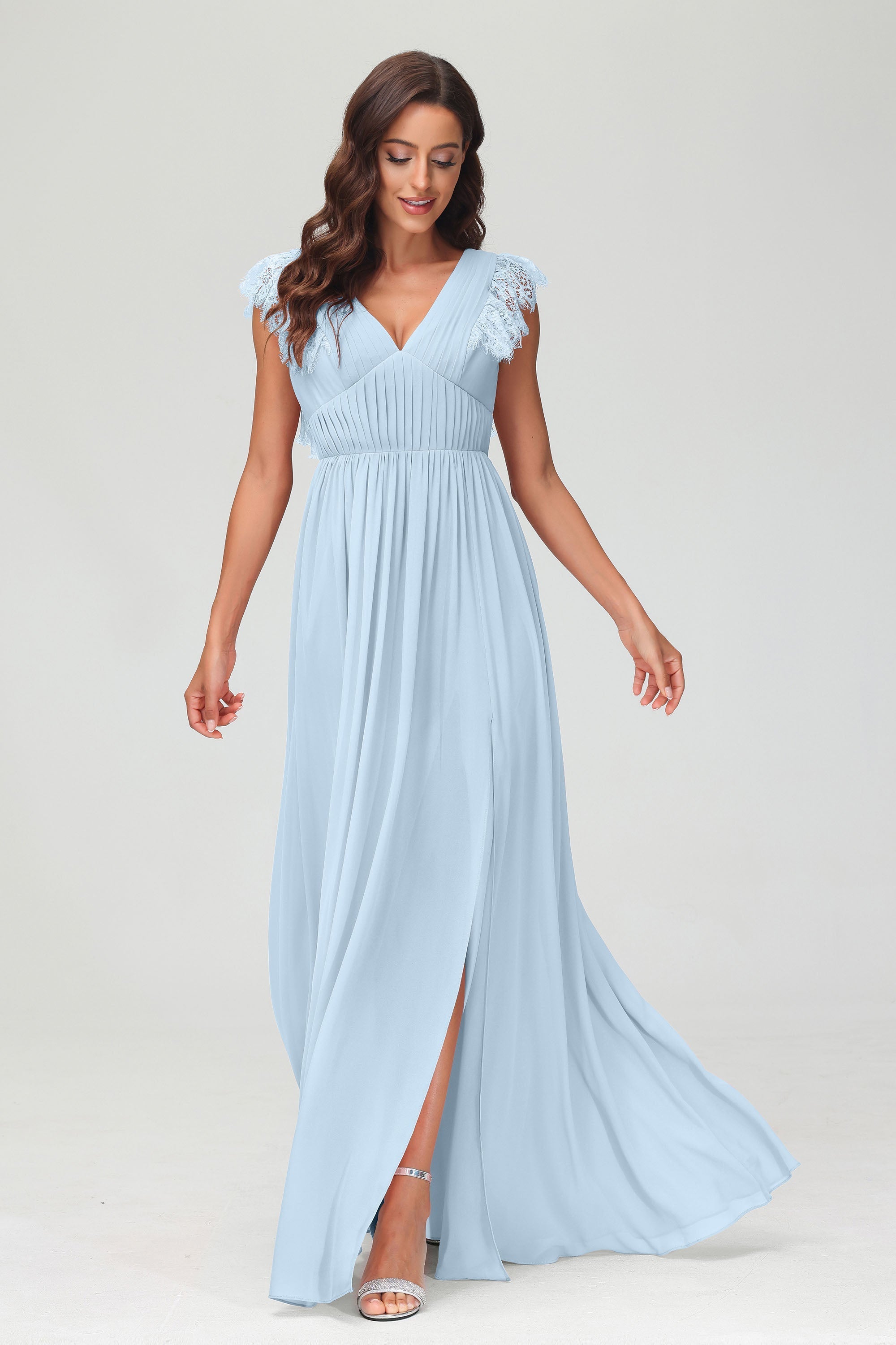 Cap Sleeves Chiffon Formal Evening Dress Floor Length Pleated Bridesmaid Dresses Gowns