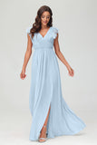 Cap Sleeves Chiffon Formal Evening Dress Floor Length Pleated Bridesmaid Dresses Gowns