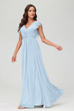 Cap Sleeves Chiffon Formal Evening Dress Floor Length Pleated Bridesmaid Dresses Gowns