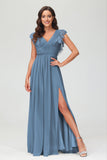 Cap Sleeves Chiffon Formal Evening Dress Floor Length Pleated Bridesmaid Dresses Gowns