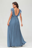 Cap Sleeves Chiffon Formal Evening Dress Floor Length Pleated Bridesmaid Dresses Gowns