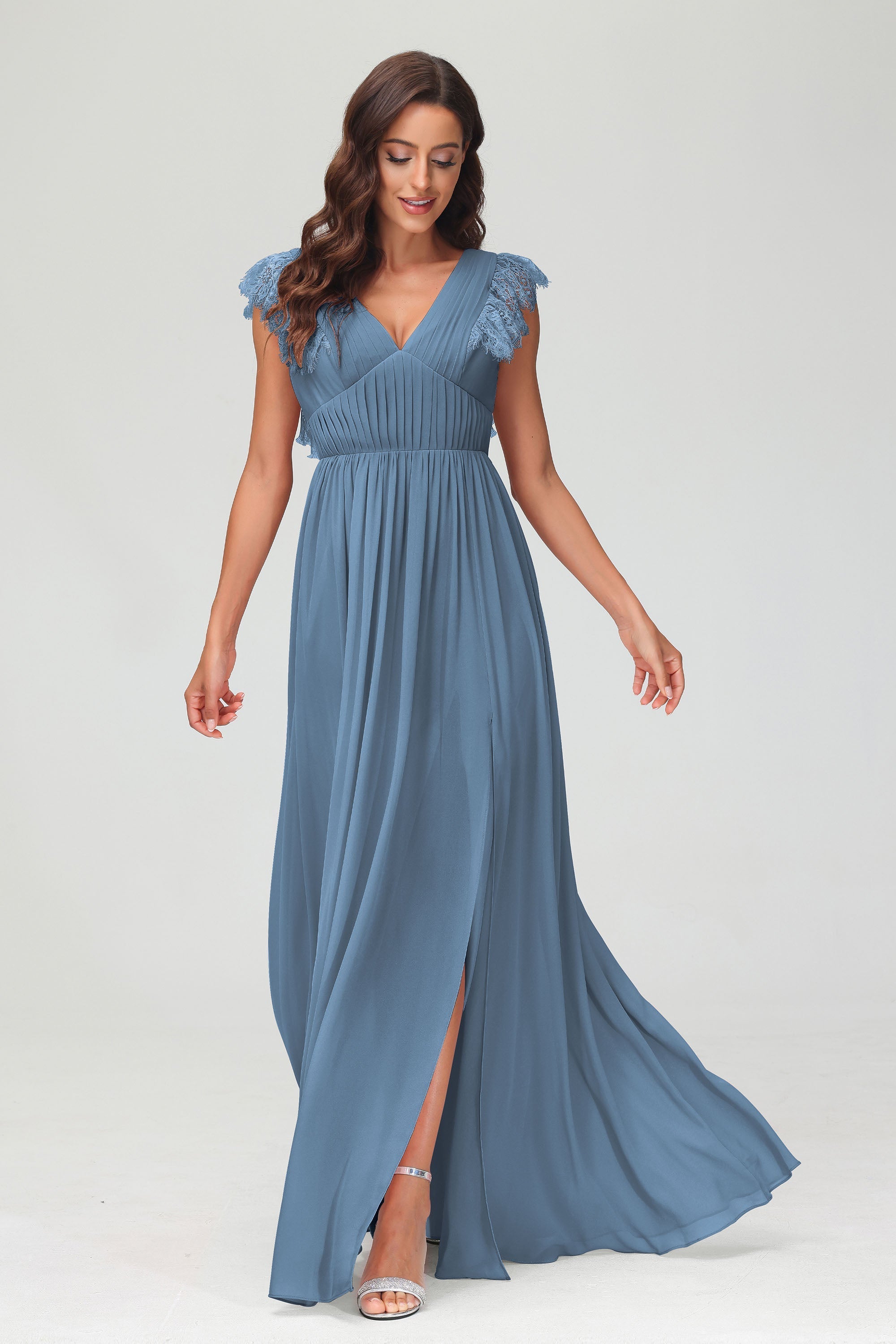 Cap Sleeves Chiffon Formal Evening Dress Floor Length Pleated Bridesmaid Dresses Gowns