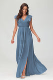 Cap Sleeves Chiffon Formal Evening Dress Floor Length Pleated Bridesmaid Dresses Gowns