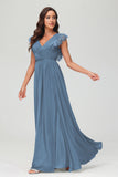 Cap Sleeves Chiffon Formal Evening Dress Floor Length Pleated Bridesmaid Dresses Gowns