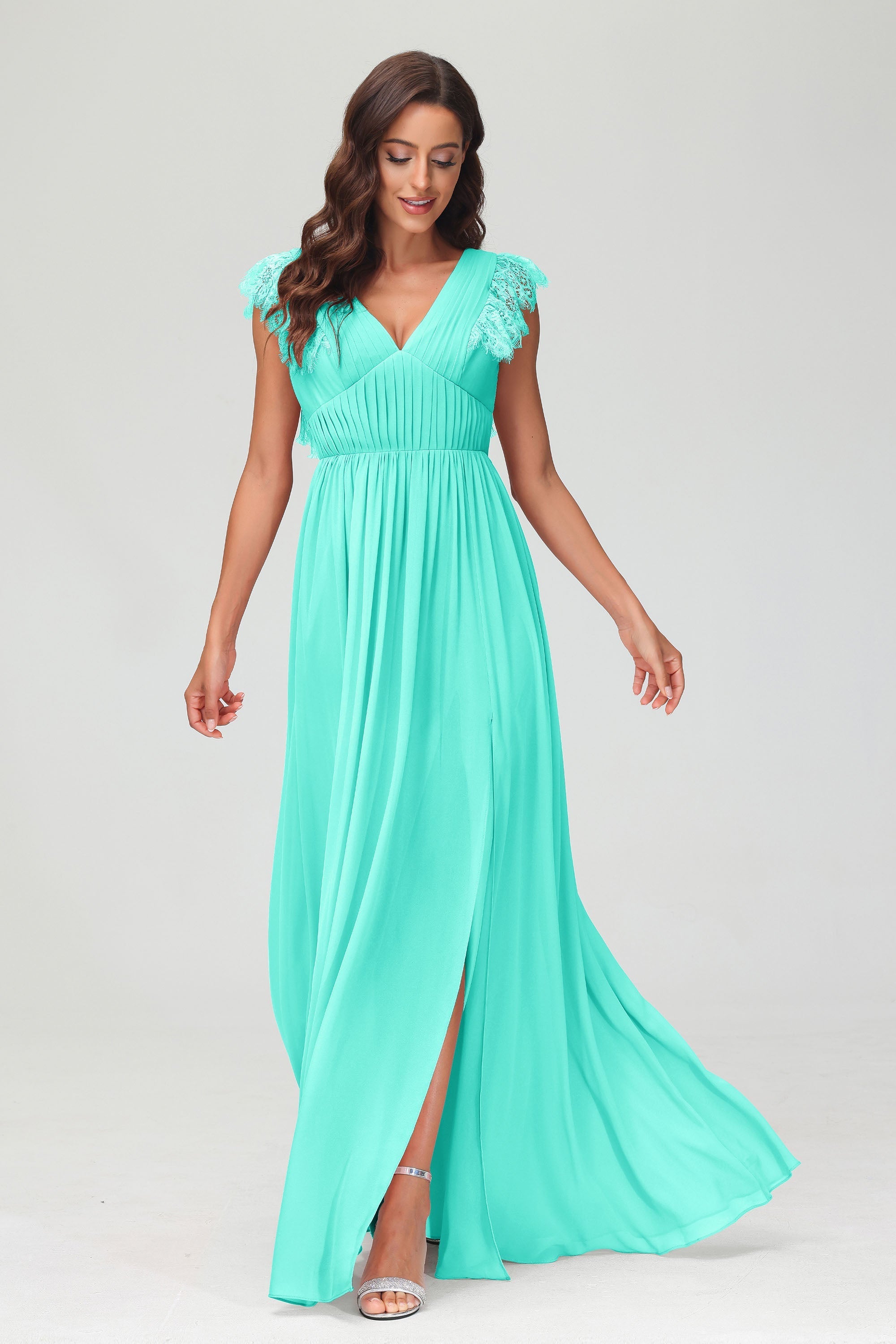 Cap Sleeves Chiffon Formal Evening Dress Floor Length Pleated Bridesmaid Dresses Gowns