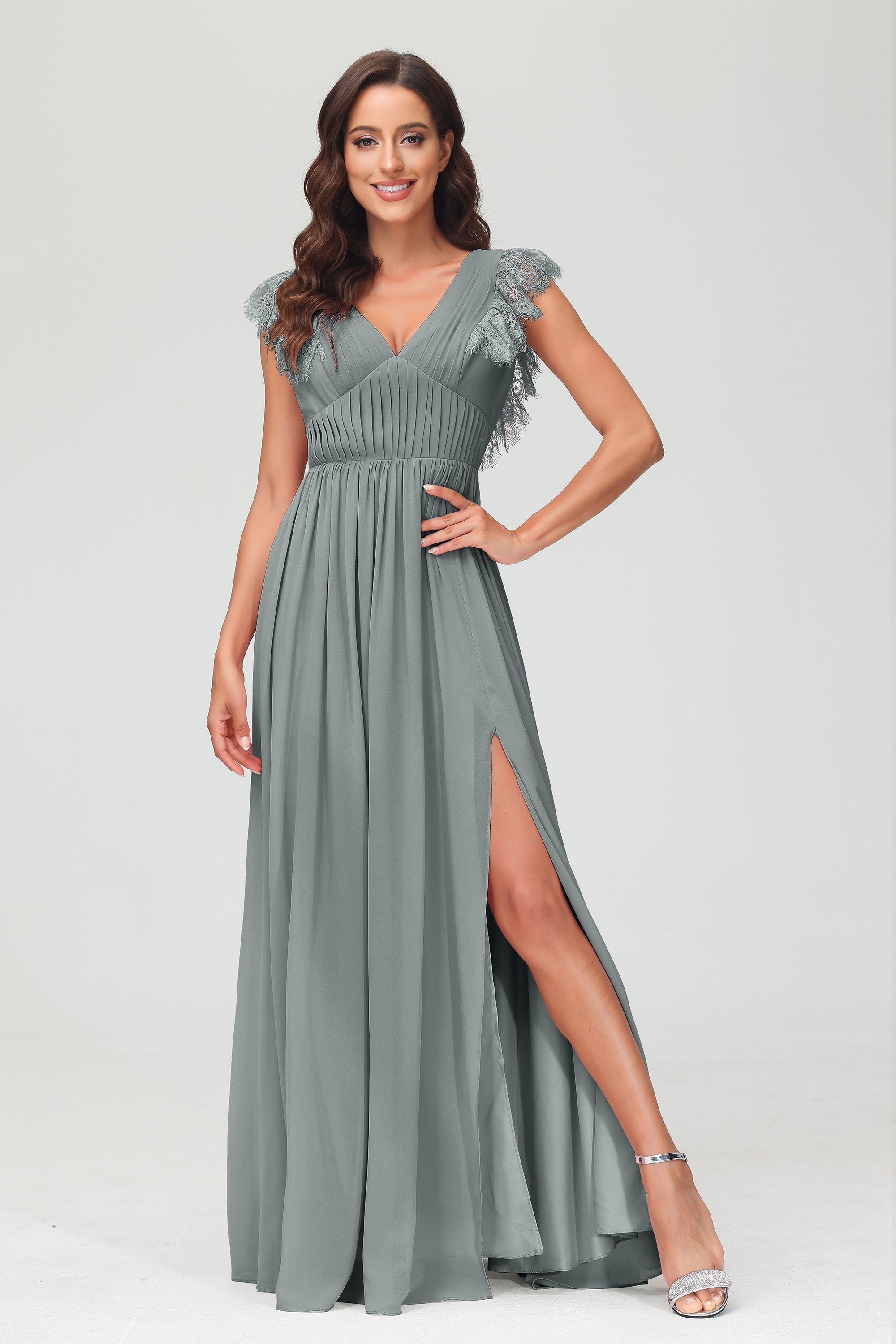 Cap Sleeves Chiffon Formal Evening Dress Floor Length Pleated Bridesmaid Dresses Gowns