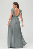 Cap Sleeves Chiffon Formal Evening Dress Floor Length Pleated Bridesmaid Dresses Gowns