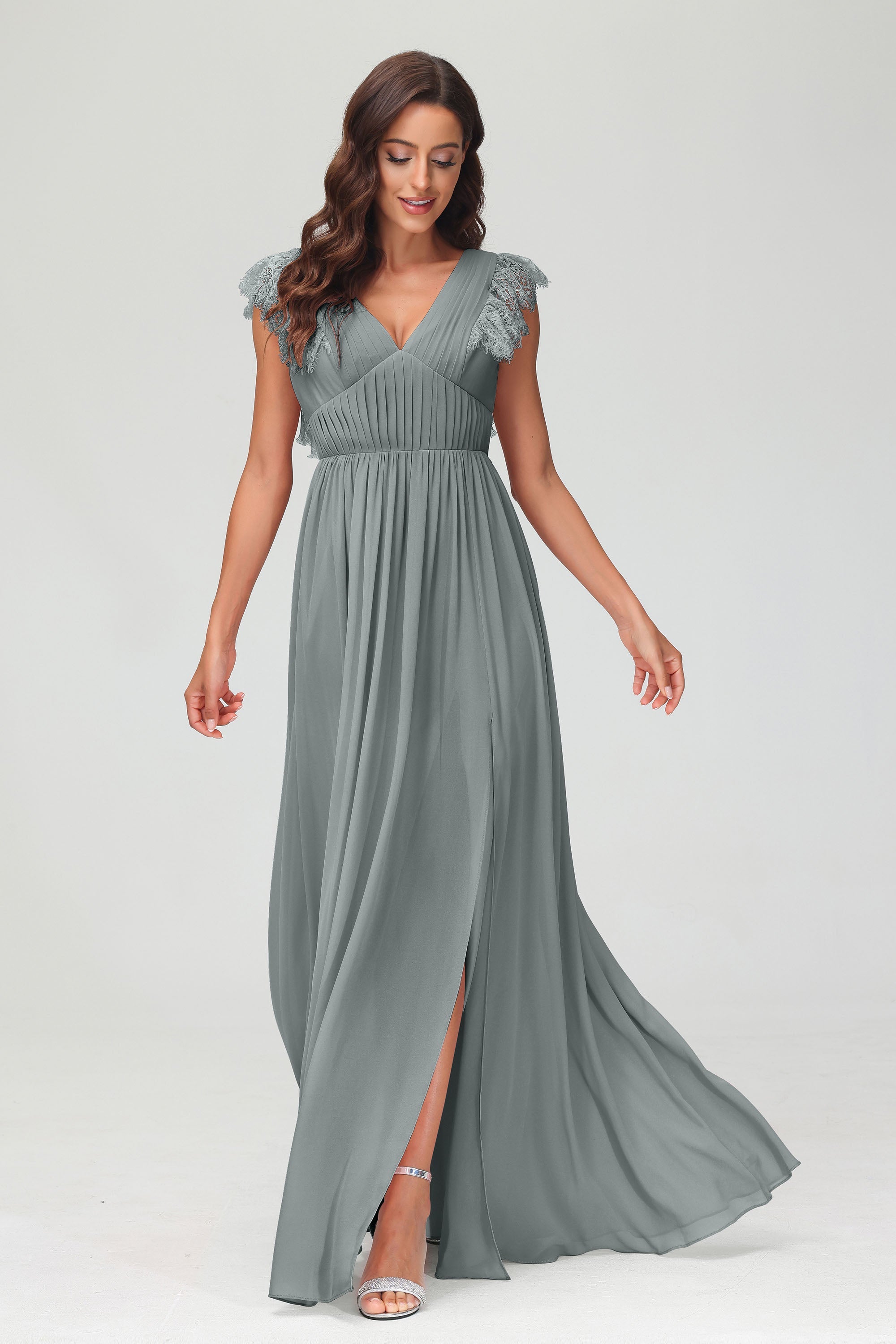 Cap Sleeves Chiffon Formal Evening Dress Floor Length Pleated Bridesmaid Dresses Gowns
