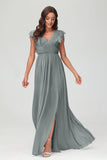 Cap Sleeves Chiffon Formal Evening Dress Floor Length Pleated Bridesmaid Dresses Gowns