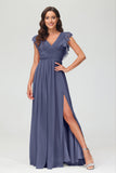 Cap Sleeves Chiffon Formal Evening Dress Floor Length Pleated Bridesmaid Dresses Gowns
