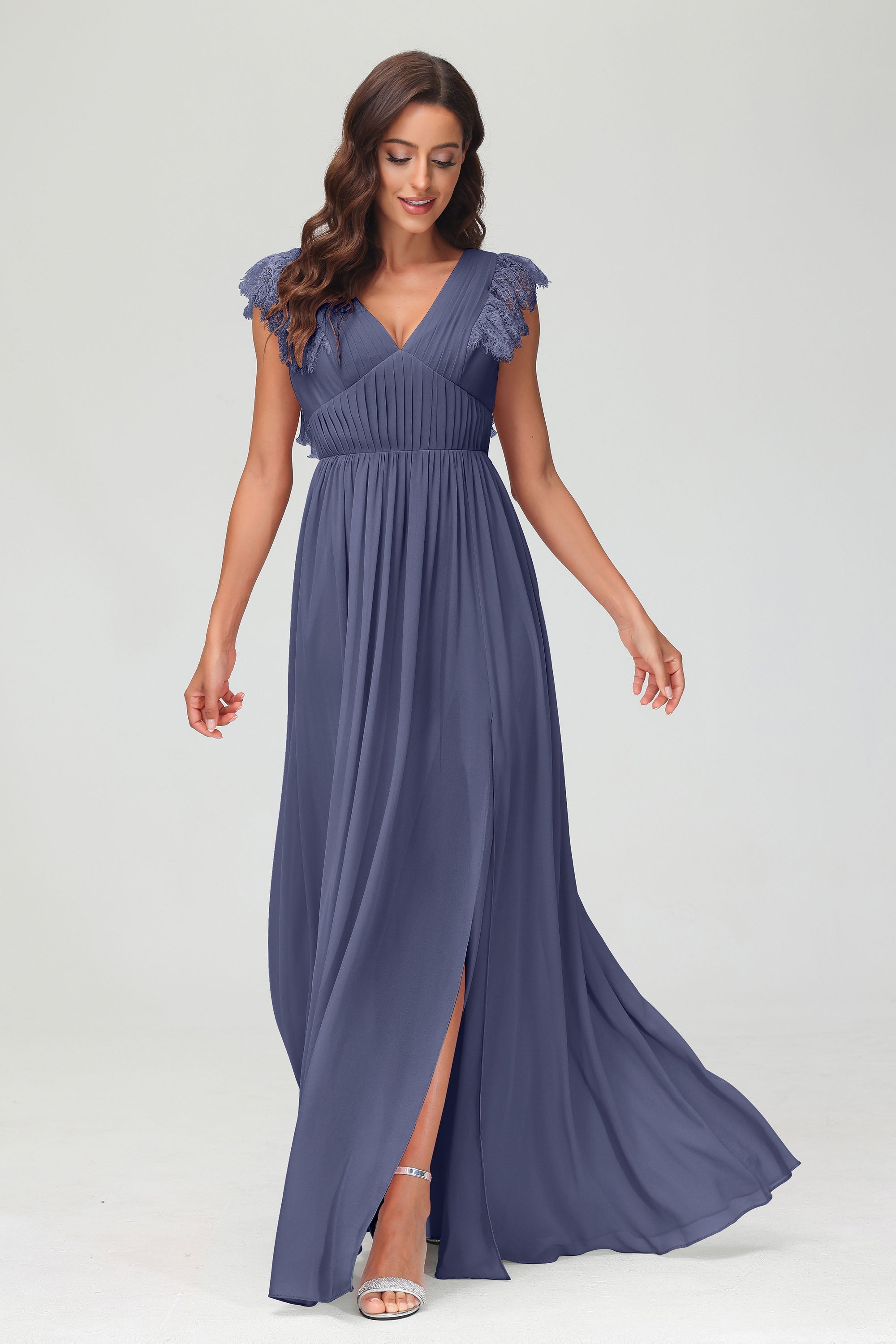 Cap Sleeves Chiffon Formal Evening Dress Floor Length Pleated Bridesmaid Dresses Gowns