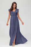 Cap Sleeves Chiffon Formal Evening Dress Floor Length Pleated Bridesmaid Dresses Gowns