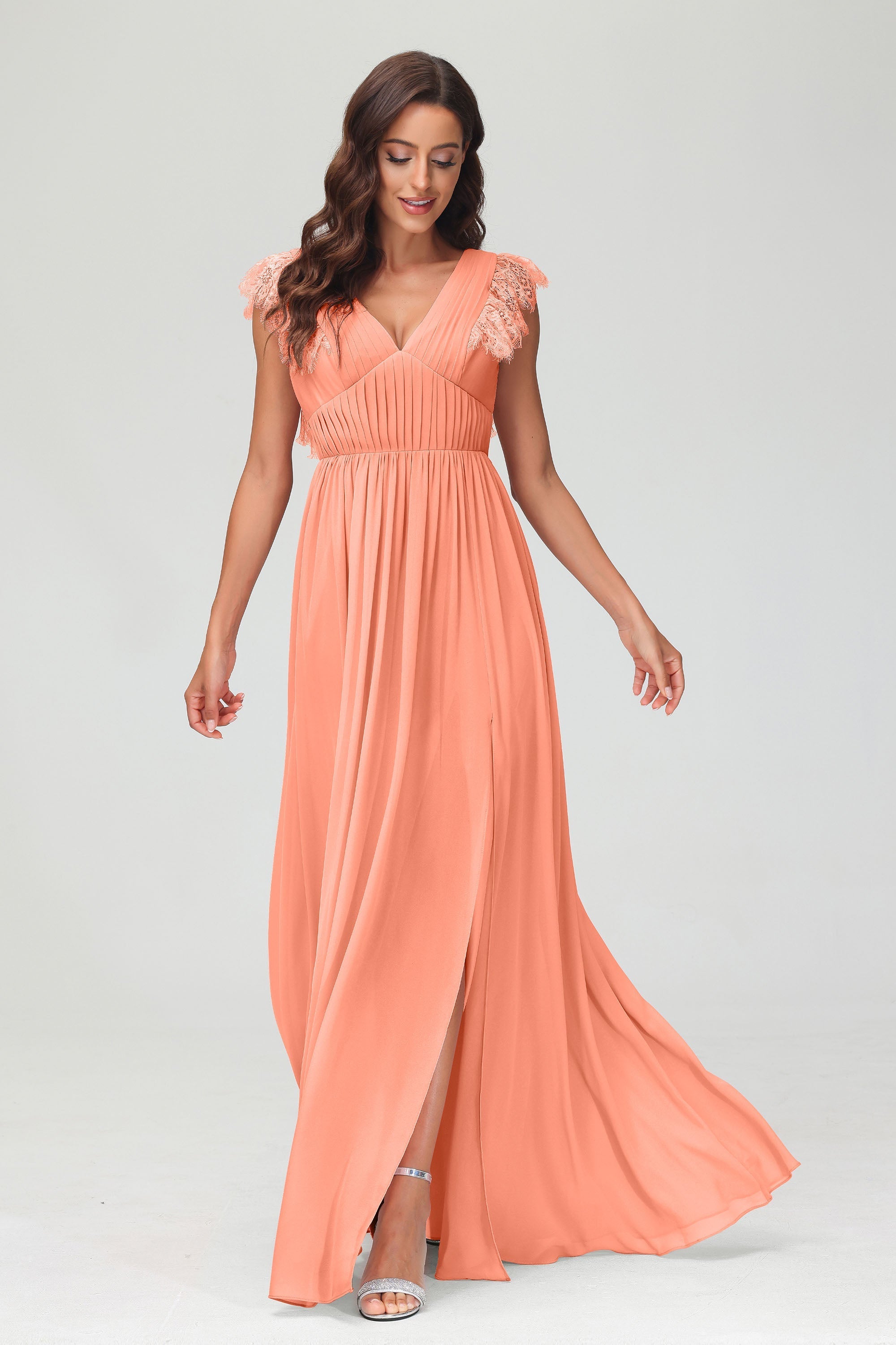 Cap Sleeves Chiffon Formal Evening Dress Floor Length Pleated Bridesmaid Dresses Gowns